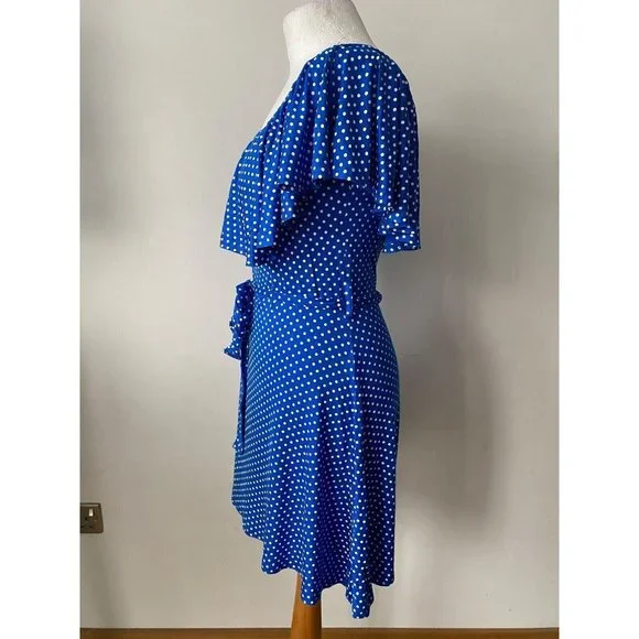 Quiz Royal Blue / White Polka Dot Dress Size 14 Off the Shoulder - Picture 3 of 4
